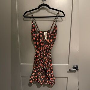 Free People Black Floral Spaghetti Strap Mini Dress with Tie Waist